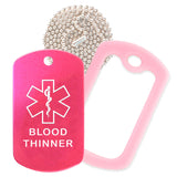 Hot Pink Medical ID Blood Thinner Necklace with Pink Rubber Silencer and 30'' Ball Chain