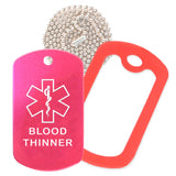 Hot Pink Medical ID Blood Thinner Necklace with Red Rubber Silencer and 30'' Ball Chain