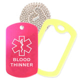 Hot Pink Medical ID Blood Thinner Necklace with Yellow Rubber Silencer and 30'' Ball Chain