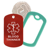 Red Medical ID Blood Thinner Necklace with Green Rubber Silencer and 30'' Ball Chain