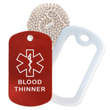 Red Medical ID Blood Thinner Necklace with White Rubber Silencer and 30'' Ball Chain