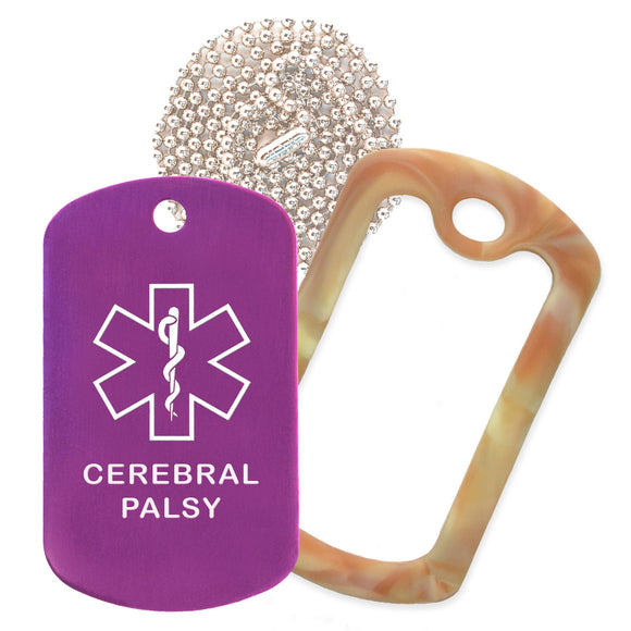 Purple Medical ID Cerebral Palsy Necklace with Desert Camo Rubber Silencer and 30'' Ball Chain