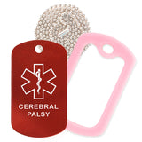 Red Medical ID Cerebral Palsy Necklace with Purple Rubber Silencer and 30'' Ball Chain