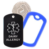 Black Medical ID Dairy Allergy Necklace with Blue Rubber Silencer and 30'' Ball Chain