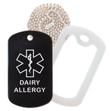 Black Medical ID Dairy Allergy Necklace with Clear Rubber Silencer and 30'' Ball Chain