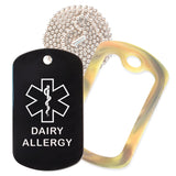 Black Medical ID Dairy Allergy Necklace with Forest Camo Rubber Silencer and 30'' Ball Chain