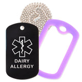 Black Medical ID Dairy Allergy Necklace with Purple Rubber Silencer and 30'' Ball Chain