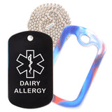 Black Medical ID Dairy Allergy Necklace with Red White and Blue Rubber Silencer and 30'' Ball Chain