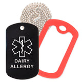 Black Medical ID Dairy Allergy Necklace with Red Rubber Silencer and 30'' Ball Chain