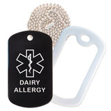 Black Medical ID Dairy Allergy Necklace with White Rubber Silencer and 30'' Ball Chain