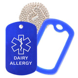 Blue Medical ID Dairy Allergy Necklace with Blue Rubber Silencer and 30'' Ball Chain