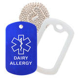 Blue Medical ID Dairy Allergy Necklace with Clear Rubber Silencer and 30'' Ball Chain