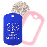 Blue Medical ID Dairy Allergy Necklace with Pink Rubber Silencer and 30'' Ball Chain