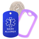 Blue Medical ID Dairy Allergy Necklace with Purple Rubber Silencer and 30'' Ball Chain