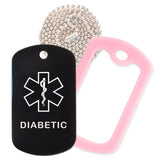 Black Medical ID Diabetic Necklace with Pink Rubber Silencer and 30'' Ball Chain