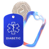 Blue Medical ID Diabetic Necklace with Red White and Blue Rubber Silencer and 30'' Ball Chain