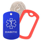 Blue Medical ID Diabetic Necklace with Red Rubber Silencer and 30'' Ball Chain