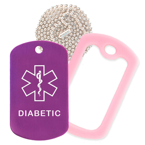 Purple Medical ID Diabetic Necklace with Pink Rubber Silencer and 30'' Ball Chain