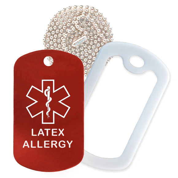 Red Medical ID Latex Allergy Necklace with White Rubber Silencer and 30'' Ball Chain