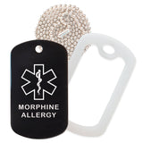 Black Medical ID Morphine Allergy Necklace with Clear Rubber Silencer and 30'' Ball Chain
