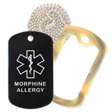 Black Medical ID Morphine Allergy Necklace with Forest Camo Rubber Silencer and 30'' Ball Chain