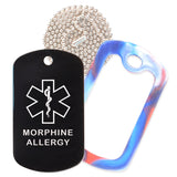 Black Medical ID Morphine Allergy Necklace with Red White and Blue Rubber Silencer and 30'' Ball Chain