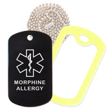 Black Medical ID Morphine Allergy Necklace with Yellow Rubber Silencer and 30'' Ball Chain
