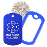 Blue Medical ID Morphine Allergy Necklace with Blue Rubber Silencer and 30'' Ball Chain