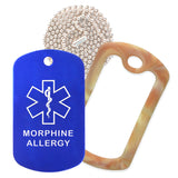 Blue Medical ID Morphine Allergy Necklace with Desert Camo Rubber Silencer and 30'' Ball Chain