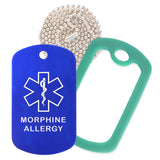 Blue Medical ID Morphine Allergy Necklace with Green Rubber Silencer and 30'' Ball Chain