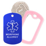 Blue Medical ID Morphine Allergy Necklace with Pink Rubber Silencer and 30'' Ball Chain