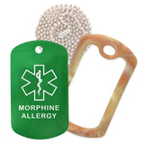Green Medical ID Morphine Allergy Necklace with Desert Camo Rubber Silencer and 30'' Ball Chain