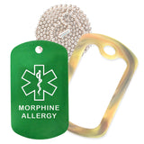 Green Medical ID Morphine Allergy Necklace with Forest Camo Rubber Silencer and 30'' Ball Chain