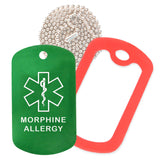Green Medical ID Morphine Allergy Necklace with Red Rubber Silencer and 30'' Ball Chain