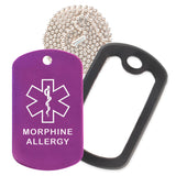 Purple Medical ID Morphine Allergy Necklace with Black Rubber Silencer and 30'' Ball Chain