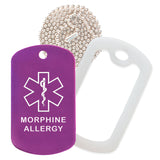 Purple Medical ID Morphine Allergy Necklace with Clear Rubber Silencer and 30'' Ball Chain