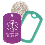 Purple Medical ID Morphine Allergy Necklace with Green Rubber Silencer and 30'' Ball Chain