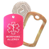 Hot Pink Medical ID Morphine Allergy Necklace with Desert Camo Rubber Silencer and 30'' Ball Chain