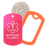Hot Pink Medical ID Morphine Allergy Necklace with Orange Rubber Silencer and 30'' Ball Chain