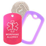 Hot Pink Medical ID Morphine Allergy Necklace with Purple Rubber Silencer and 30'' Ball Chain