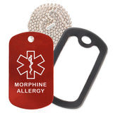 Red Medical ID Morphine Allergy Necklace with Black Rubber Silencer and 30'' Ball Chain