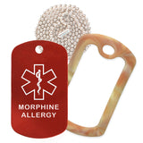 Red Medical ID Morphine Allergy Necklace with Desert Camo Rubber Silencer and 30'' Ball Chain