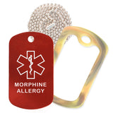 Red Medical ID Morphine Allergy Necklace with Forest Camo Rubber Silencer and 30'' Ball Chain