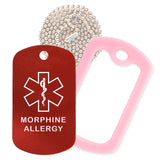 Red Medical ID Morphine Allergy Necklace with Pink Rubber Silencer and 30'' Ball Chain