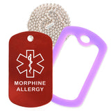 Red Medical ID Morphine Allergy Necklace with Purple Rubber Silencer and 30'' Ball Chain