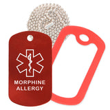 Red Medical ID Morphine Allergy Necklace with Red Rubber Silencer and 30'' Ball Chain