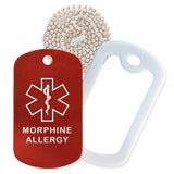 Red Medical ID Morphine Allergy Necklace with White Rubber Silencer and 30'' Ball Chain