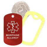 Red Medical ID Morphine Allergy Necklace with Yellow Rubber Silencer and 30'' Ball Chain