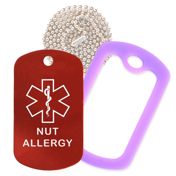 Red Medical ID Nut Allergy Necklace with Purple Rubber Silencer and 30'' Ball Chain