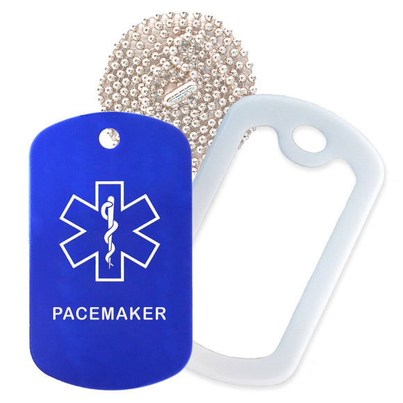 Blue Medical ID Pacemaker Necklace with White Rubber Silencer and 30'' Ball Chain